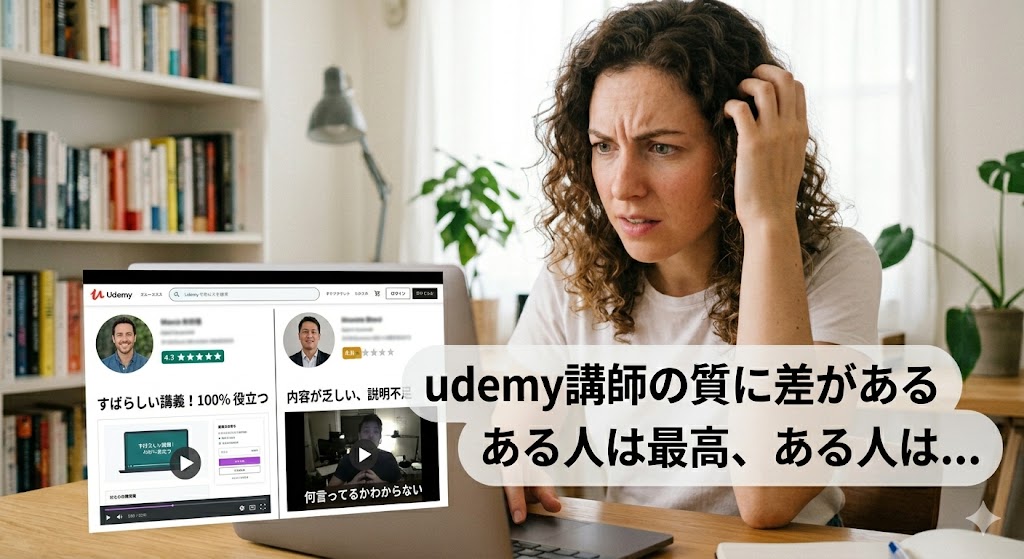 パソコンの前で頭を抱えて悩む女性。画面には高評価の素晴らしい講義と、低評価の内容が乏しい講義が比較されており、「udemy講師の質に差がある ある人は最高、ある人は…」というテロップが入ったアイキャッチ画像。