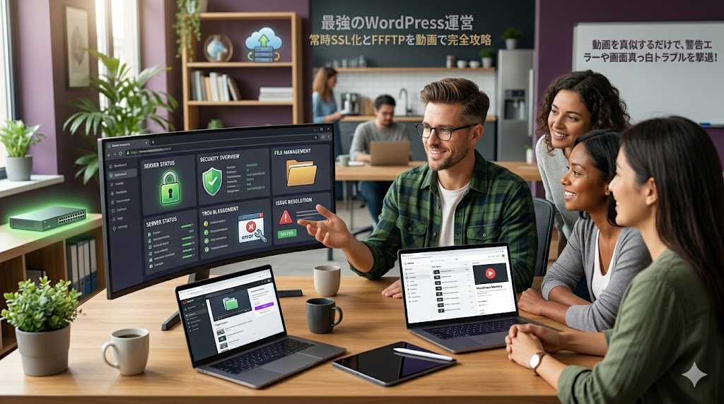 Udemy講師ゴスケによるWordPress常時SSL化とFFFTPファイル転送設定の実践動画講座の紹介イメージ。オフィスでパソコンの画面を見ながらディスカッションするチームの様子。