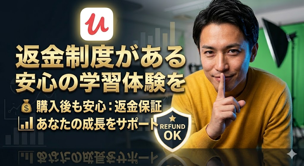 内緒のポーズをする黄色い服の男性講師の横に、「返金制度がある 安心の学習体験を」「購入後も安心：返金保証」「REFUND OK」の盾型アイコンとUdemyのロゴがデザインされた、信頼感を伝えるアイキャッチ画像。