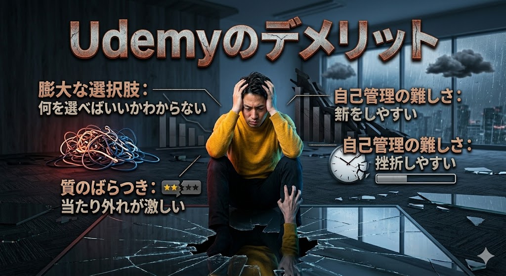 暗い部屋で頭を抱えて絶望する男性と、割れたガラスやひび割れた「Udemyのデメリット」という文字。背景には「膨大な選択肢：何を選べばいいかわからない」「質のばらつき：当たり外れが激しい」「自己管理の難しさ：挫折しやすい」という課題が視覚的に表現された画像。