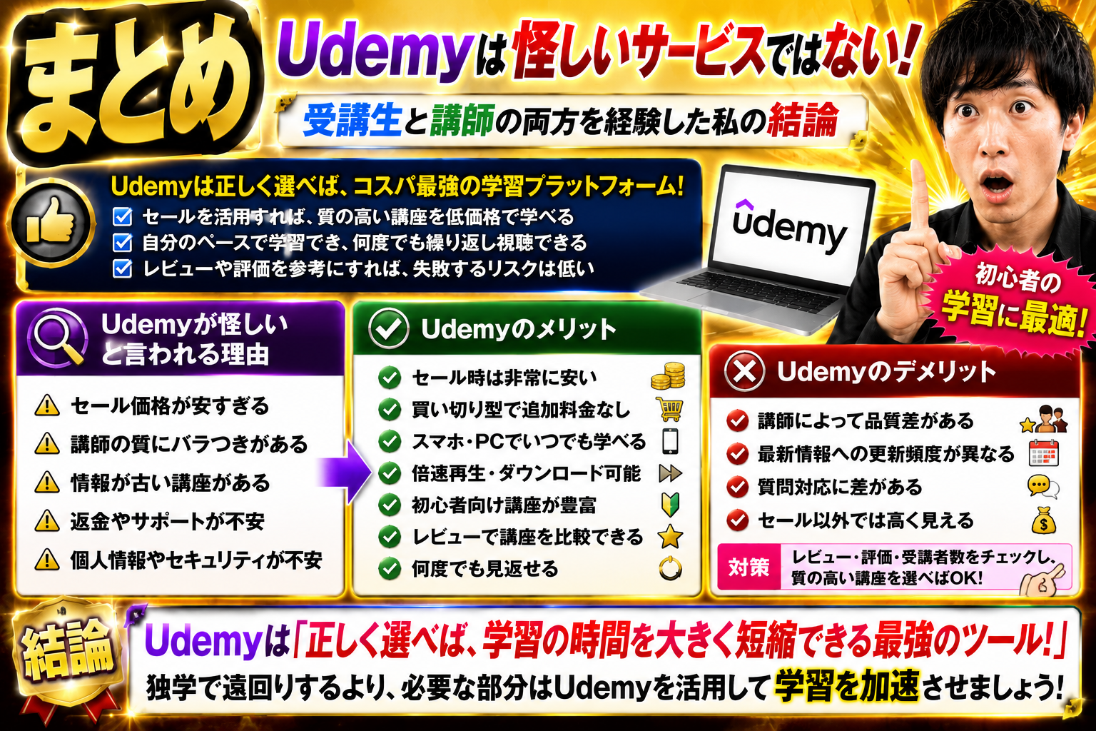 Udemyは怪しいサービスではないことをまとめた図解。受講生と講師の両方を経験した筆者が、Udemyのメリット・デメリットや正しい講座の選び方を解説し、初心者におすすめできる理由を紹介。