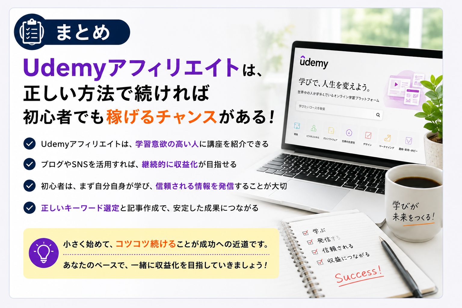 Udemyアフィリエイトのまとめ画像｜初心者でも正しい方法を継続すれば収益化を目指せることを解説