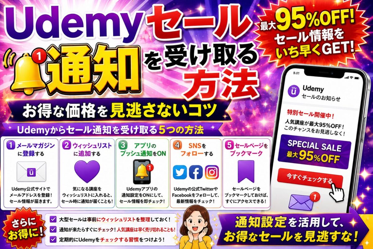 Udemyセール通知を受け取る方法や、お得なセール情報を見逃さないための設定方法を紹介する画像