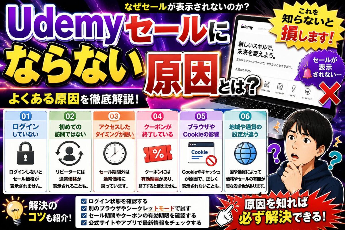Udemyセールにならない原因や、セール価格が表示されない理由と対処法を解説した画像