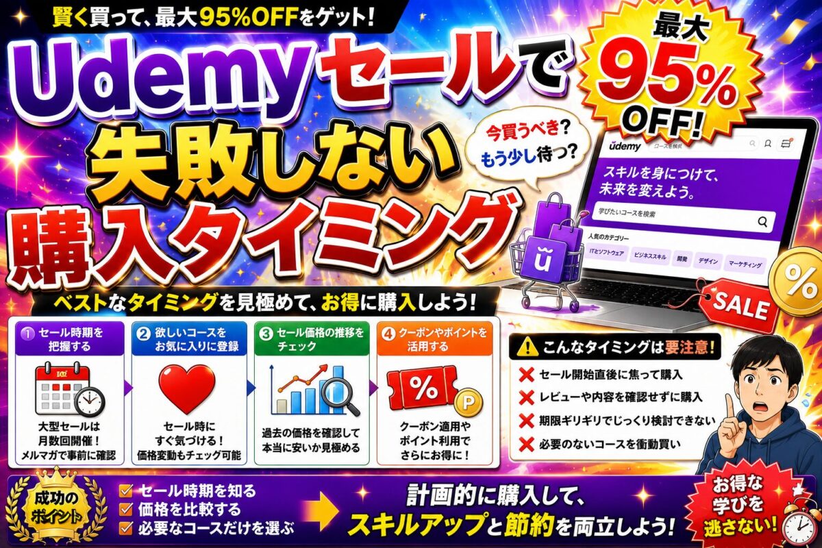 Udemyセールで失敗しない購入タイミングや、お得に講座を購入するコツを解説した画像