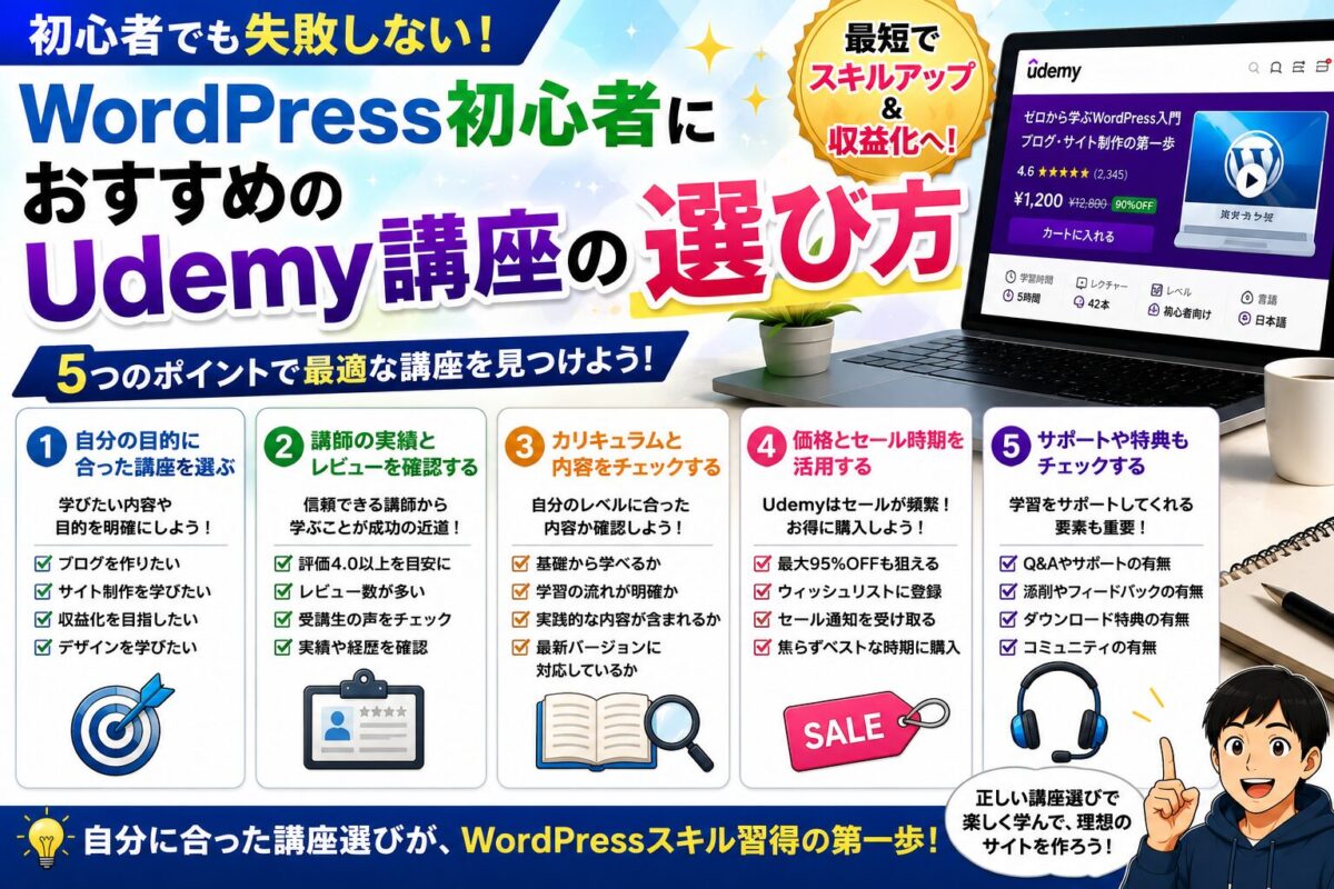 WordPress初心者におすすめのUdemy講座の選び方や、失敗しない講座選びのポイントを紹介する画像
