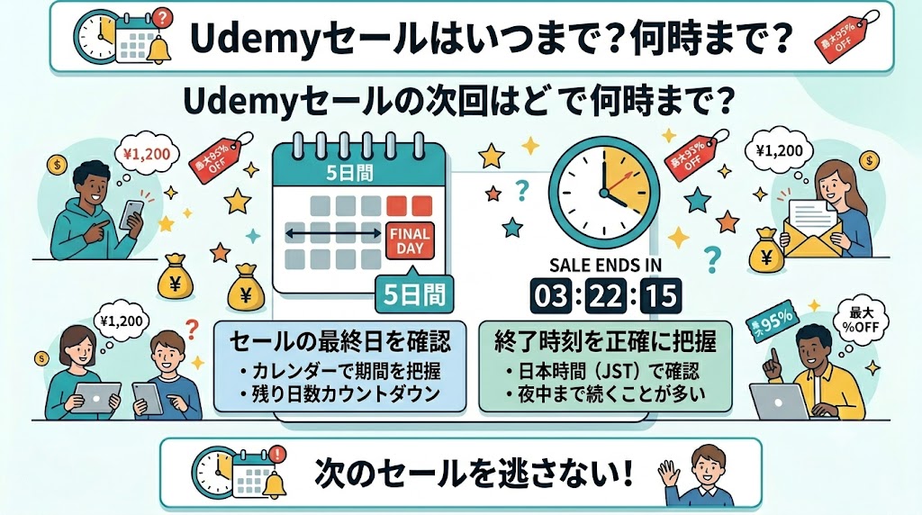 ブログ記事の見出し画像。「Udemyセールはいつまで？何時まで？」という文字を中心に、セールの開催期間（5日間など）や、日本時間（JST）でのカウントダウンタイマーのイラストを交えて、終了日時の確認方法を解説したインフォグラフィック。