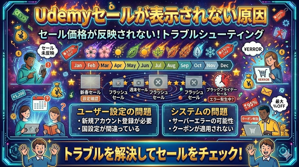 ブログ記事の見出し画像。「Udemyセール通知を受け取る方法」という文字をネオン風に装飾した、宇宙やサイバー空間をイメージしたド派手なインフォグラフィック。年間スケジュールや通知登録による見逃し防止のコツを解説。