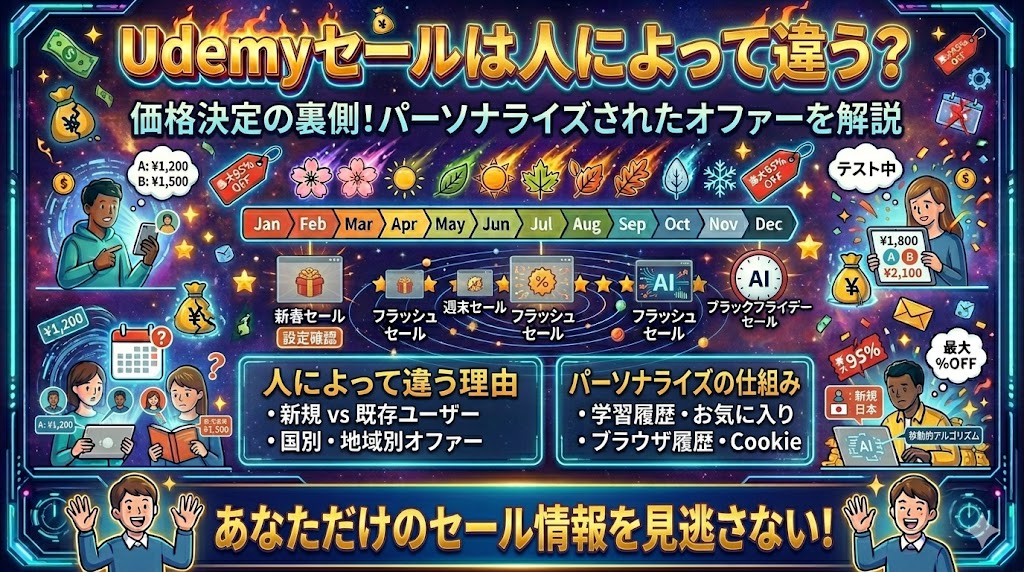 ブログ記事の見出し画像。「Udemyセールが表示されない原因」という文字をネオン風に装飾したド派手なインフォグラフィック。「新規登録や国設定などのユーザー設定」と「サーバーエラーやクーポン無効などのシステム問題」のトラブルシューティングを解説。
