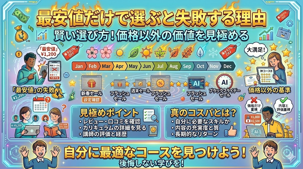 ブログ記事の見出し画像。「Udemyセールは人によって違う？」という文字をネオン風に装飾したド派手なインフォグラフィック。「新規と既存の違い」や「学習履歴、お気に入り、Cookieによるパーソナライズの仕組み」をAI風のデザインで解説。