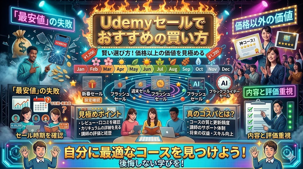 ブログ記事の見出し画像。「Udemyセールは怪しい？安すぎる理由」という文字を中心に、ゴールドとライトブルーを基調としたピカピカと明るいサイバー風インフォグラフィック。プラットフォームの仕組みや、価格以外の価値、レビューとカリキュラムの見極め方を解説。
