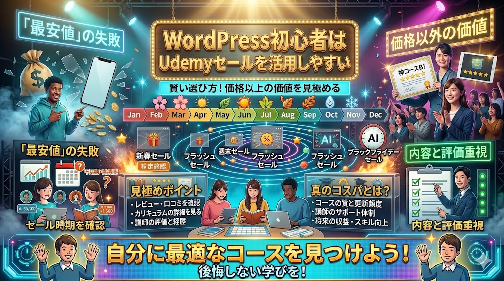 ブログ記事の見出し画像。「Udemyセールでおすすめの買い方」という文字を中心に、実際の人物写真（実写）とネオン看板、炎のグラフィックを組み合わせたド派手なステージ風画像。中央でパソコンや本を囲む受講生と、賢い選び方のポイントを解説。