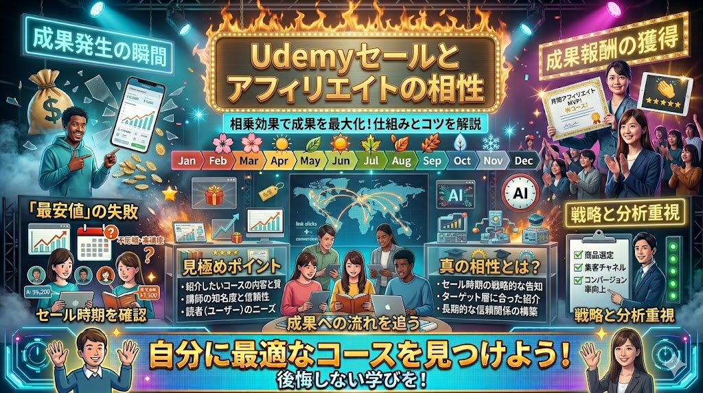 ブログ記事の見出し画像。「WordPress初心者はUdemyセールを活用しやすい」という文字を中心に、実写の人物、きらめくネオン、炎、スポットライトを組み合わせたピカピカと明るく派手な画像。講座選びのポイントや真のコスパを解説。