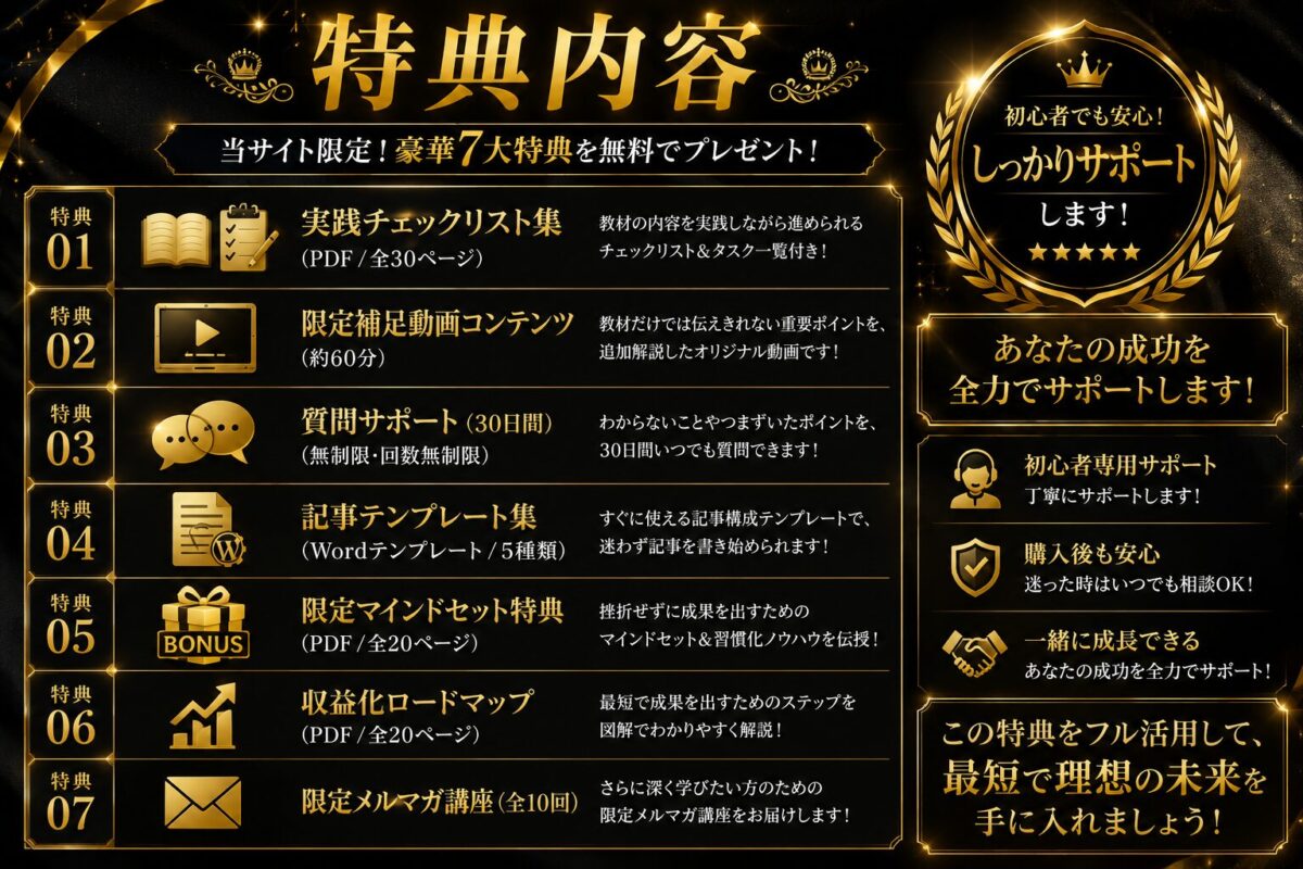 AIコンテンツ作成特典の内容一覧｜ChatGPT・Gemini・SEOタイトル・記事作成・メタディスクリプション作成方法を紹介するイメージ画像