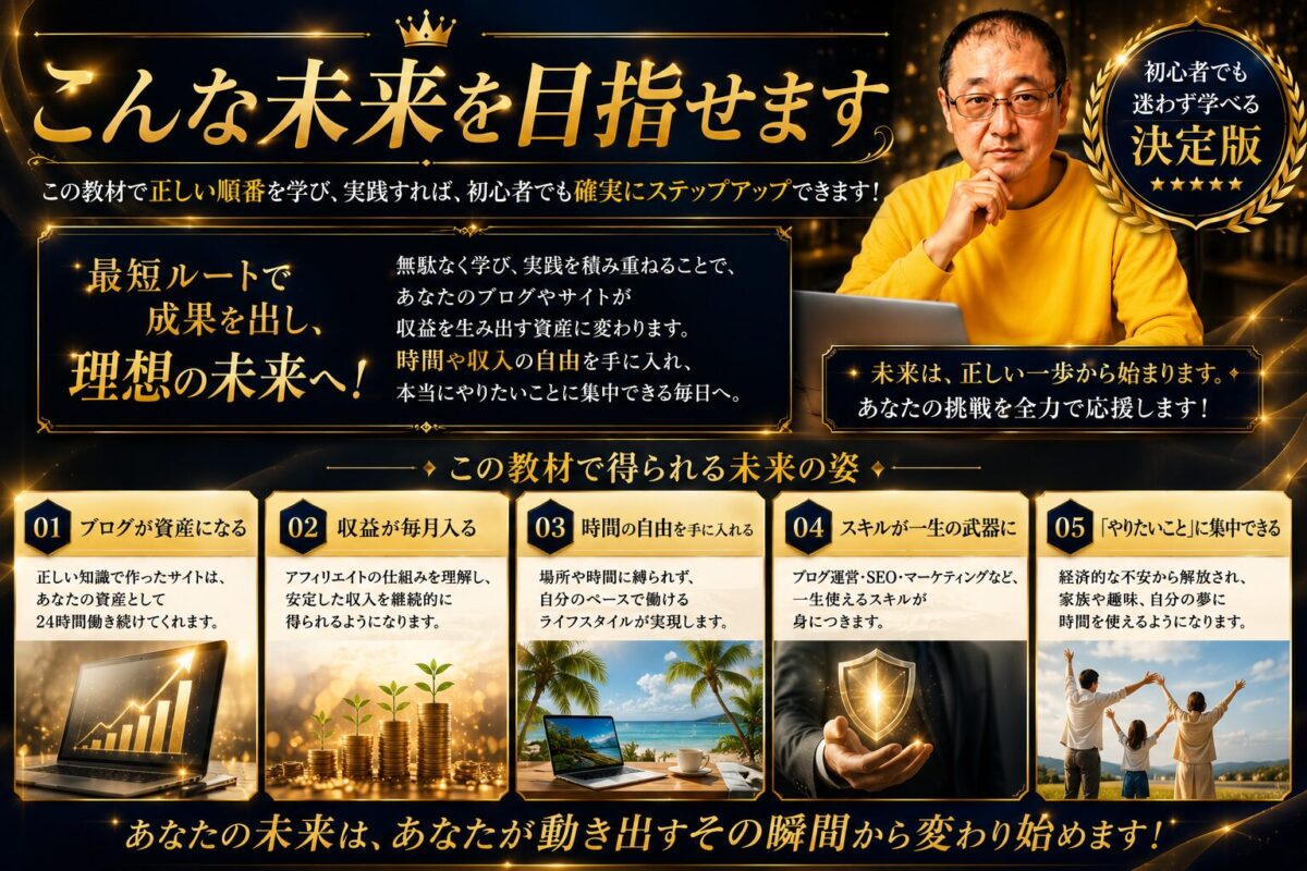 WordPress・SEO・AI活用を身につけ、ブログを資産として育てながらアフィリエイト収益化を目指す未来を表現したイメージ画像