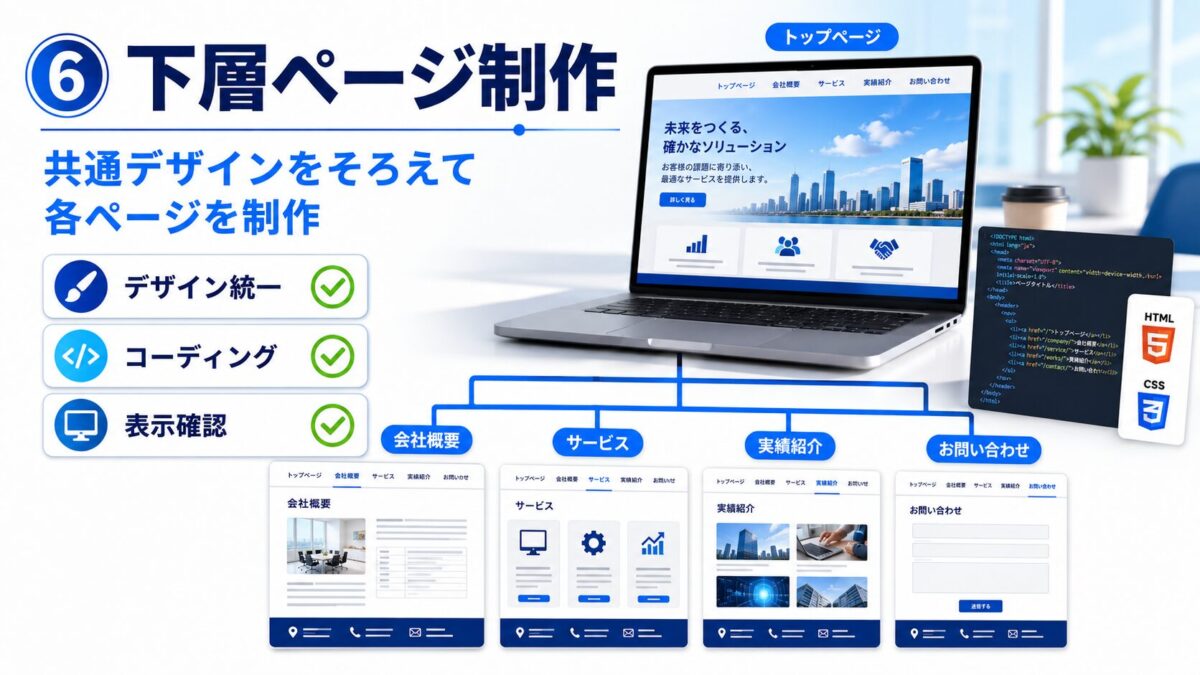 Web制作案件でトップページのデザインをもとに、会社概要・サービス・実績紹介・お問い合わせなどの下層ページを、デザインと表示を統一しながら制作する流れを解説した画像
