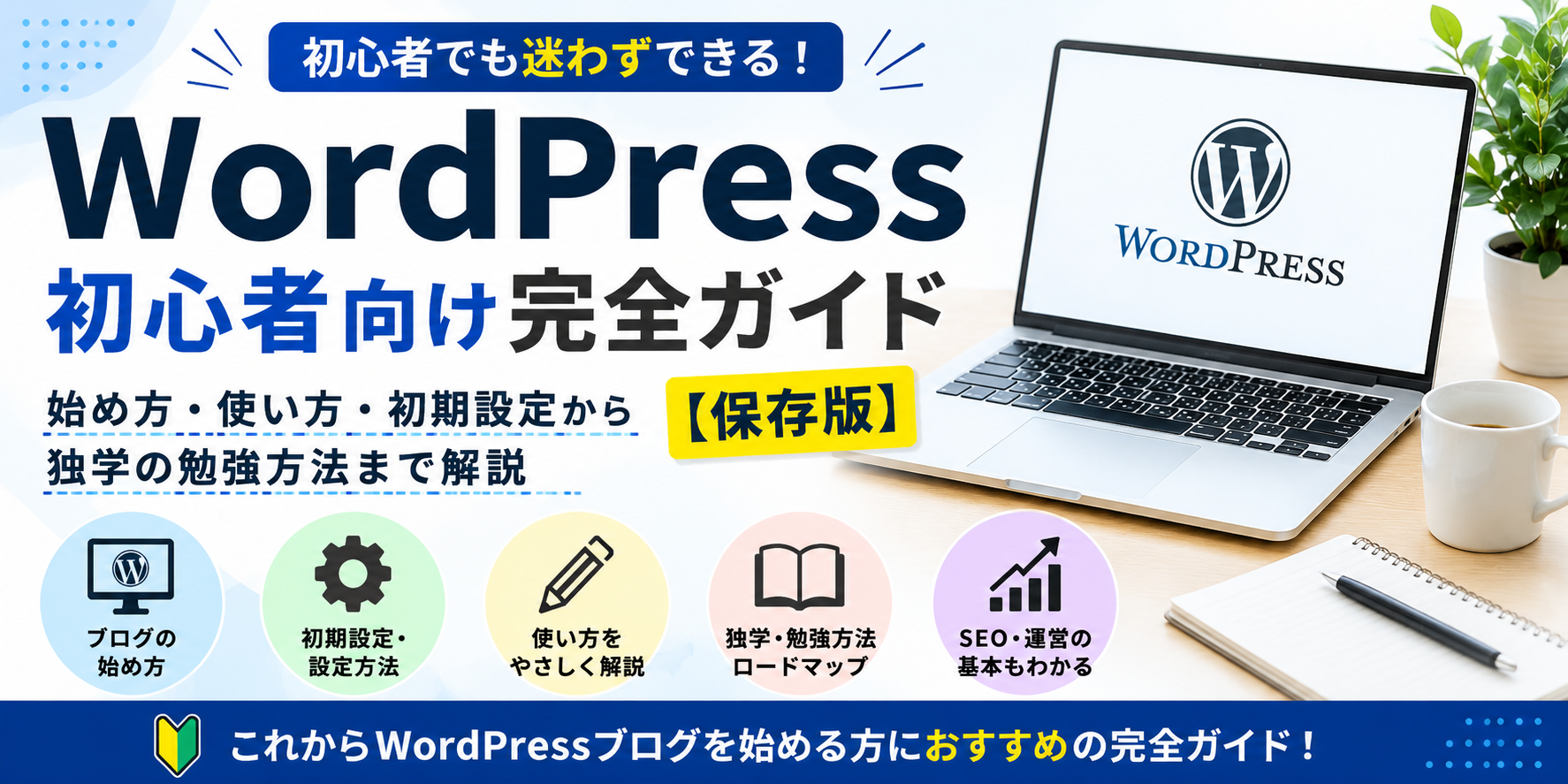 WordPress初心者向け完全ガイド【保存版】のまとめ。ブログ開設から初期設定、使い方、独学で学ぶ方法、SEOの基礎までを1枚でわかりやすく解説した図解。