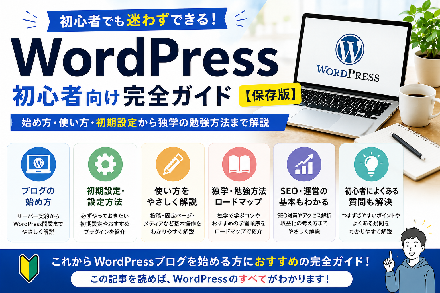 WordPress初心者向け完全ガイド【保存版】のまとめ。ブログ開設から初期設定、使い方、独学で学ぶ方法、SEOの基礎までを1枚でわかりやすく解説した図解。