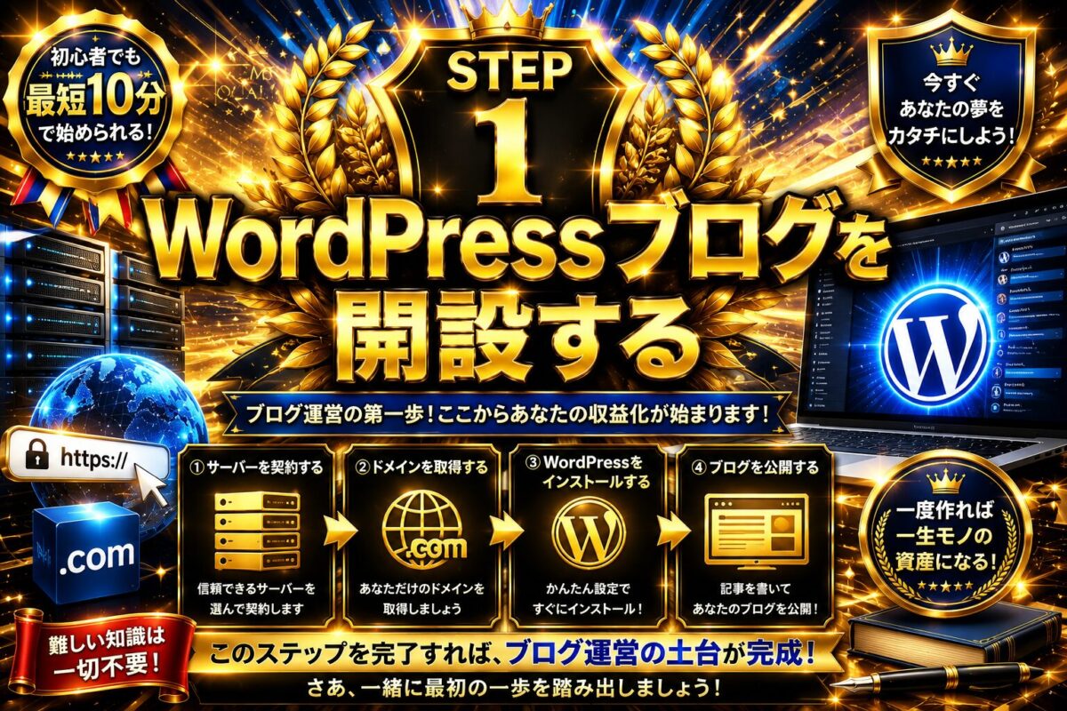 WordPressブログを開設するためにサーバー契約、ドメイン取得、WordPressインストール、ブログ公開までの流れを示した金色のステップ画像