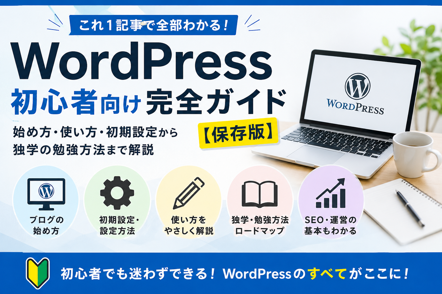 WordPress初心者向け完全ガイドのまとめ図｜ブログの始め方・初期設定・使い方・独学方法を解説