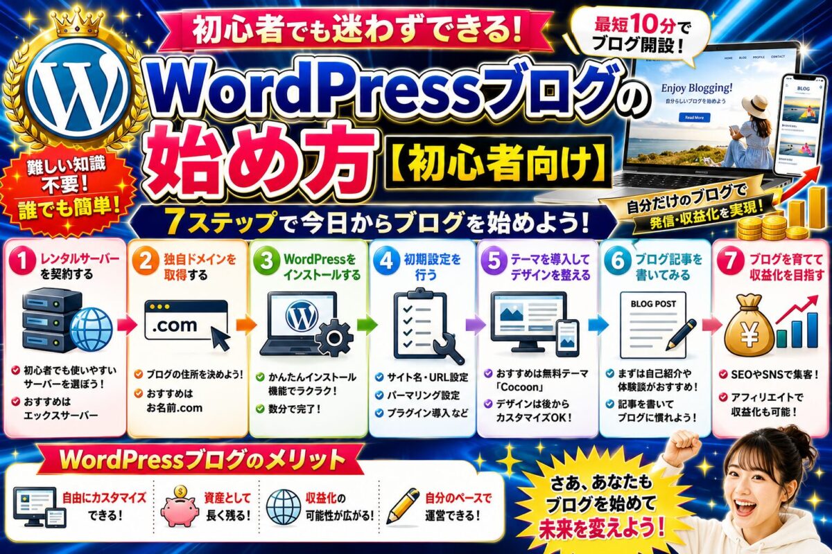 WordPressブログの始め方を初心者向けに解説した画像。レンタルサーバー契約、独自ドメイン取得、WordPressインストール、初期設定、テーマ導入、記事作成、収益化まで7ステップでわかりやすく紹介。