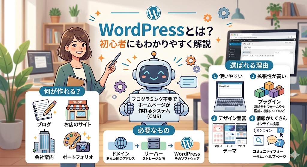 「WordPress開設後に最初にやるべきこと」をテーマにした、温かみのあるスチームパンク風の図解イラスト。 背景は本棚やランプがあるレトロな書斎。木製デスクの上に、真鍮製のパイプ、歯車、時計、発光するクリスタルなどが複雑に組み合わさった「Webサイト構築マシン」が置かれている。 上部には金色の文字で「WordPress開設後に最初にやるべきこと」と書かれている。マシンには「1. サーバー（サイトの『土地』）」「2. ドメイン（サイトの『住所』）」などのラベルがあり、中央の歯車の周りでは小さなロボットたちが「2. 必須プラグインの導入」に向けて作業している。右側には「3. テーマの設定」として、ビジネスやブログなどのデザインテンプレートが円形のパーツ内に表示されている。
