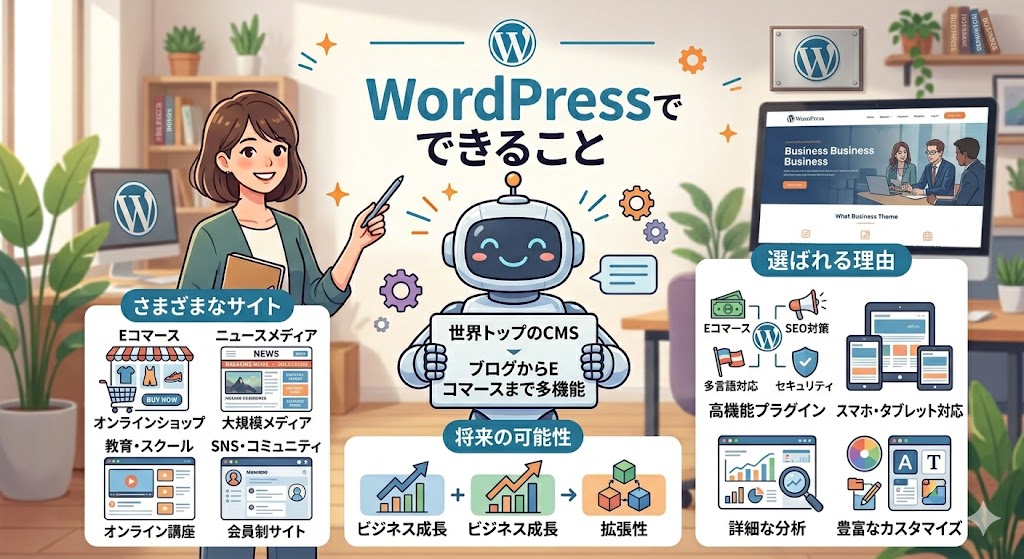 「WordPress開設後に最初にやるべきこと」のイラストを、より明るい日差しが差し込む雰囲気に変更したバージョン。 基本的なマシンの構造は1枚目と同様だが、背景の窓から明るい光が差し込み、全体的にゴールドやライトブラウンのトーンが強調されている。 左側のモニター風パーツには「1. サイト設定の最適化」「一般・パーマリンク設定」「SEOの土台作り」というテキストが追加されている。中央では木製の人形たちが歯車を回しており、右側のパズルピース型のパーツにはカラフルな色がつき「機能の拡張」というラベルが表示されている。右下にはハートのついた可愛い木製キャラクターが配置され、全体的に親しみやすく明るい印象の図解になっている。
