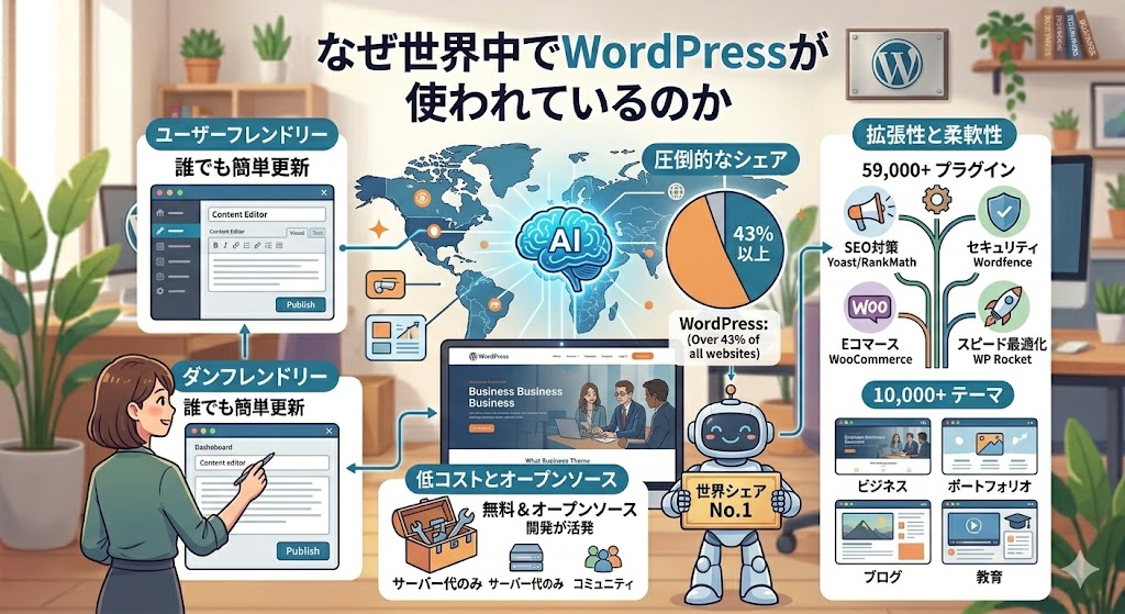 「WordPress初心者が失敗しやすいポイント」をテーマにした、警告やトラブルを表現したスチームパンク風の図解イラスト。 上部に金色の文字で「WordPress初心者が失敗しやすいポイント」と書かれている。ベースは前作までのマシンと同じだが、随所にトラブルを示す要素が加わっている。 左側のサーバーパーツには「1. サーバーとドメインの選定ミス」と書かれ、配線が混乱している様子や「*サイト破損リスク」の文字が見える。中央の大きな歯車には「3. 機能と設定の過多」「プラグインの入れすぎと設定不備」とあり、歯車に注意マーク（⚠️）がいくつもついている。右側のパズルピースやライオンの盾にはひび割れが入り、右下のキャラクターは困った顔をして頭を抱えている。
