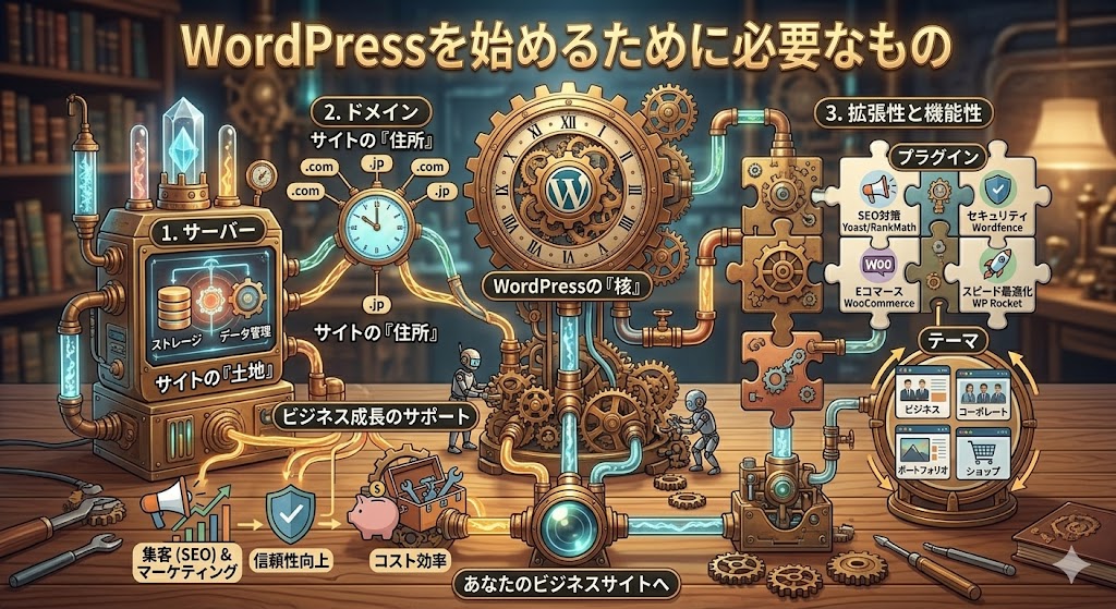 「WordPressで収益化する流れ」のド派手なイラストをベースに、文字やレイアウトを整理して視認性を高めたまとめ用の図解イラスト。 4枚目の鮮やかなスチームパンク風のグラフィックを維持しつつ、上部に「1. サイト構築と設定の最適化」「2. コンテンツ制作とテーマ選定」「3. SEO対策と集客」「4. 収益化と運営」という黒背景に金文字のすっきりとしたプロセスバーが追加されている。 右側のパズルピース横の収益化メニューも整理され、「A. 広告収入」「B. アフィリエイト収益」「C. 自社商品販売」の各項目が、読みやすいダークカラーのボックスで囲まれて綺麗にゾーニングされている。情報量が多く華やかでありながら、全体の流れが一目でわかるように改善されたデザイン。