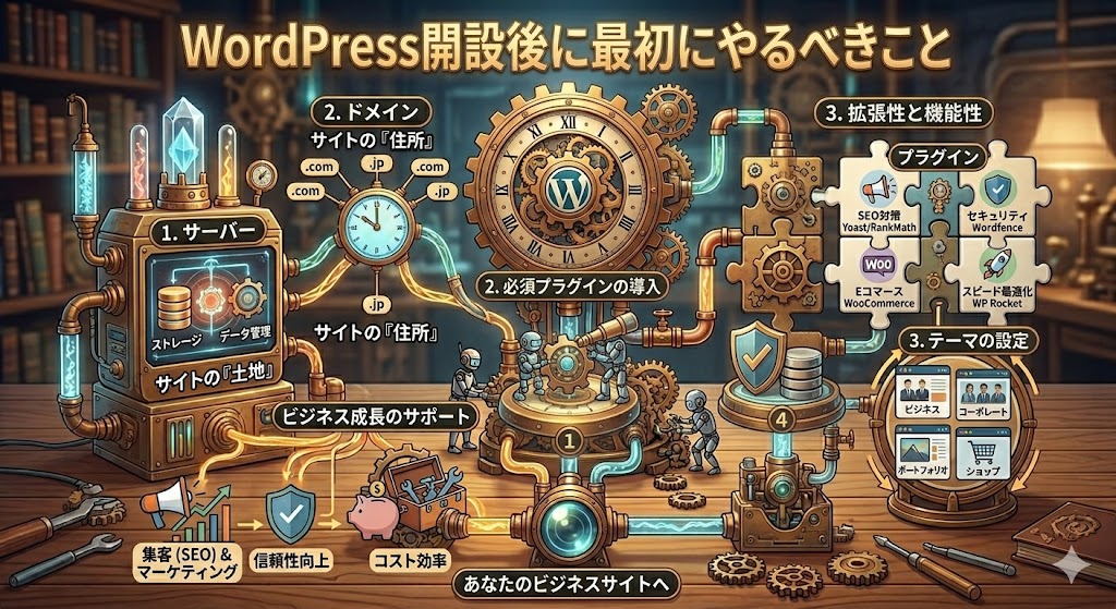 「WordPress初心者が失敗しやすいポイント」をテーマにした、警告やトラブルを表現したスチームパンク風の図解イラスト。 上部に金色の文字で「WordPress初心者が失敗しやすいポイント」と書かれている。ベースは前作までのマシンと同じだが、随所にトラブルを示す要素が加わっている。 左側のサーバーパーツには「1. サーバーとドメインの選定ミス」と書かれ、配線が混乱している様子や「*サイト破損リスク」の文字が見える。中央の大きな歯車には「3. 機能と設定の過多」「プラグインの入れすぎと設定不備」とあり、歯車に注意マーク（⚠️）がいくつもついている。右側のパズルピースやライオンの盾にはひび割れが入り、右下のキャラクターは困った顔をして頭を抱えている。