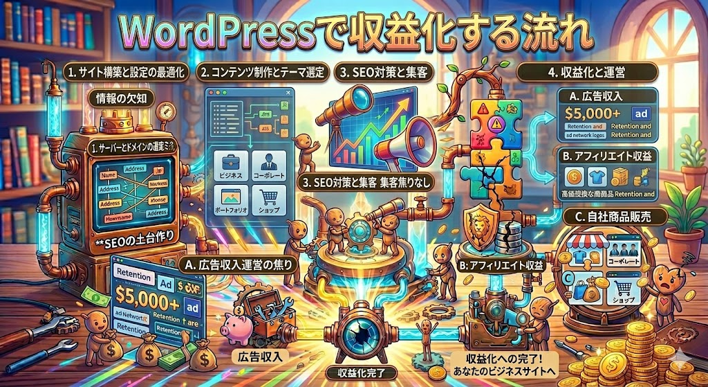 「WordPressで収益化する流れ」のド派手なイラストをベースに、文字やレイアウトを整理して視認性を高めたまとめ用の図解イラスト。 4枚目の鮮やかなスチームパンク風のグラフィックを維持しつつ、上部に「1. サイト構築と設定の最適化」「2. コンテンツ制作とテーマ選定」「3. SEO対策と集客」「4. 収益化と運営」という黒背景に金文字のすっきりとしたプロセスバーが追加されている。 右側のパズルピース横の収益化メニューも整理され、「A. 広告収入」「B. アフィリエイト収益」「C. 自社商品販売」の各項目が、読みやすいダークカラーのボックスで囲まれて綺麗にゾーニングされている。情報量が多く華やかでありながら、全体の流れが一目でわかるように改善されたデザイン。