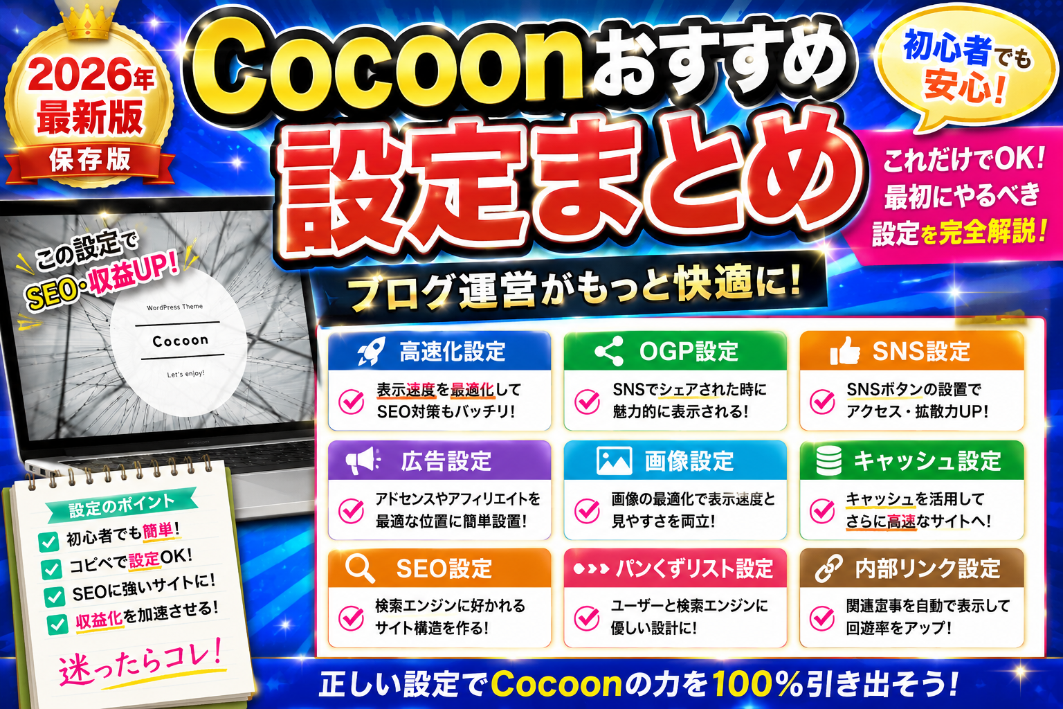 WordPressにCocoonをインストールする手順を図解した画像。親テーマと子テーマのダウンロードからアップロード、有効化までの流れを初心者向けに解説。