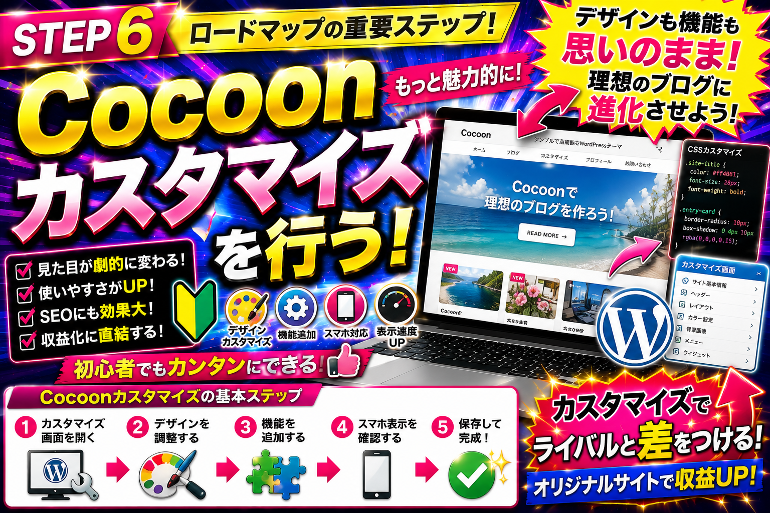 CocoonのCSSカスタマイズやデザイン調整でオリジナルサイトを作る方法を解説した画像