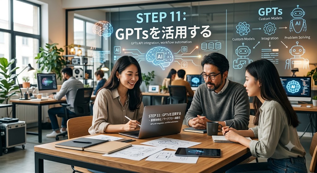 モダンなオフィスで、チームが「GPTsの活用」についてディスカッションしている様子。 背景は明るいオープンスペースのオフィスで、他のスタッフもPC作業を行っている。手前の木製デスクでは、3人のビジネスパーソン（左に笑顔の女性、中央に眼鏡をかけた男性、右に横顔の女性）がノートPCや資料を広げて話し合っている。 人物の上部には、ホログラム風の青い光で「STEP 11：GPTsを活用する」という日本語のテキストと、脳やAI、ロボット、データフローを表すネオンアイコンの図解が浮かび上がっている。左側の女性が持つノートPCの画面や、デスクの上のタブレットにも同様のステップ名やAI関連のUIが表示されている。