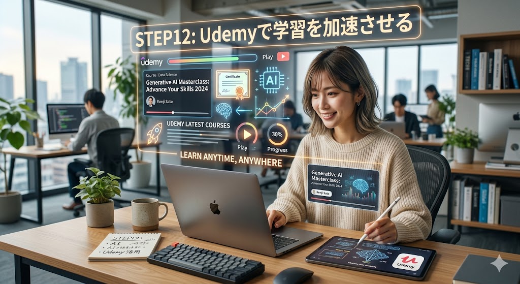 オフィスで女性がノートPCとタブレットを使い、「Udemyでの学習」を進めている様子。 窓から都市の景色が見える広々としたオフィス。手前のデスクに座るスタイリッシュな髪型の女性が、笑顔でノートPCの画面を見ながら、右手でペンを使いタブレットにメモを取っている。 彼女の目の前には、空中ホログラムで「STEP12：Udemyで学習を加速させる」という発光する日本語テキストが表示されている。ホログラム内には、Udemyのロゴ、進捗バー、AI関連のオンライン講座のコース画面（講師名や修了証のイメージ）、データグラフなどが未来的なデザインで可視化されている。デスク上のタブレット画面にもUdemyのアプリUIが表示されている。