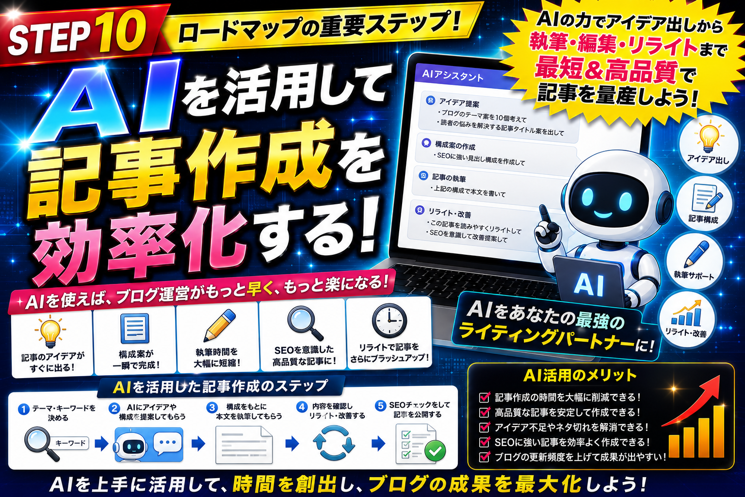AIを活用して記事作成を効率化しSEOに強いコンテンツを作る方法を解説した画像