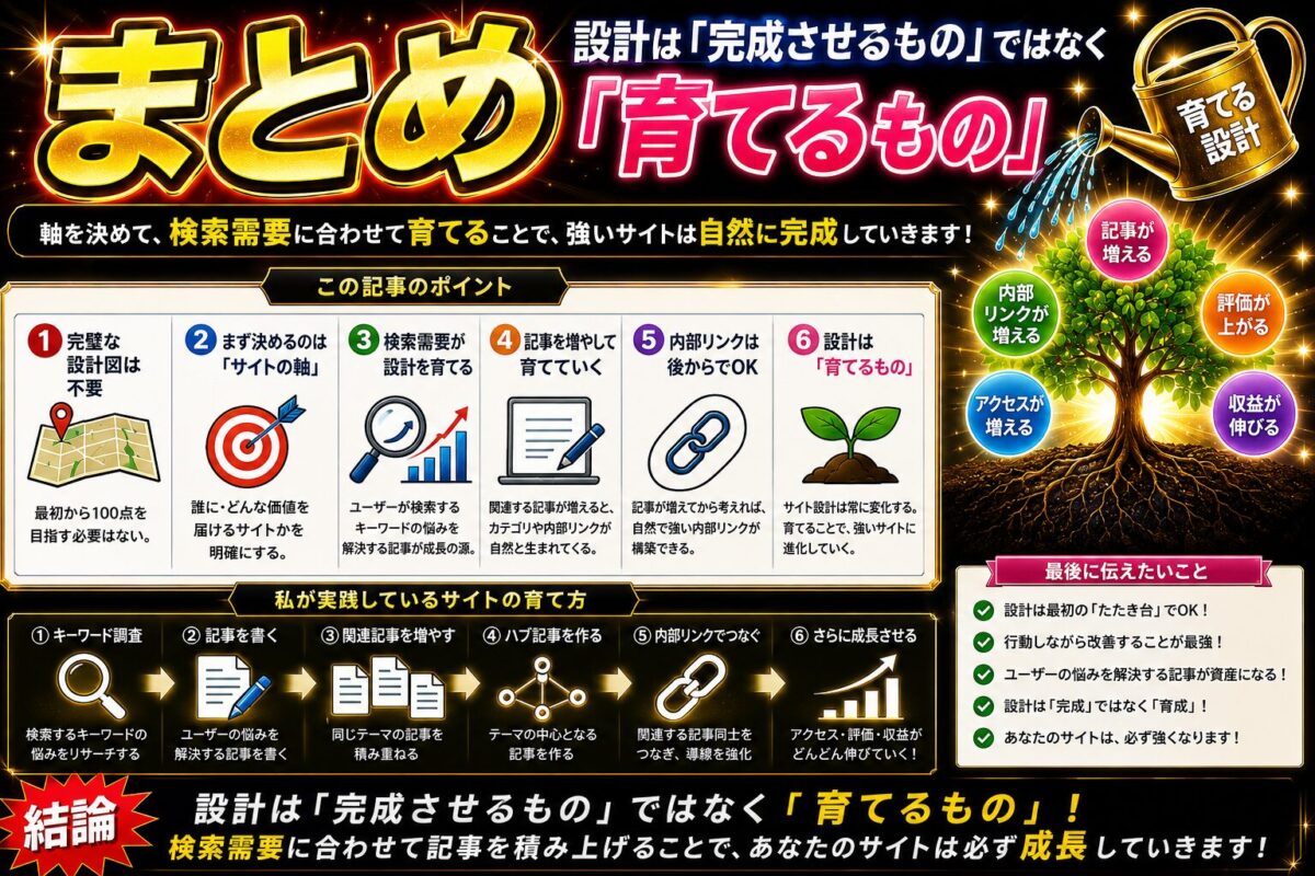 WordPressサイトは検索需要に合わせて育てることでSEOに強いサイトへ成長するという記事全体のまとめ画像
