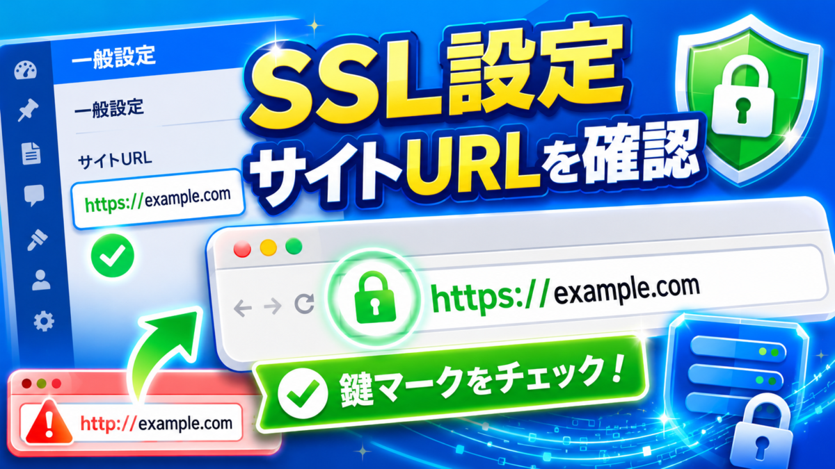 WordPressのSSL設定を確認し、サイトURLがhttpsでブラウザに鍵マークが表示されているか確認する画像