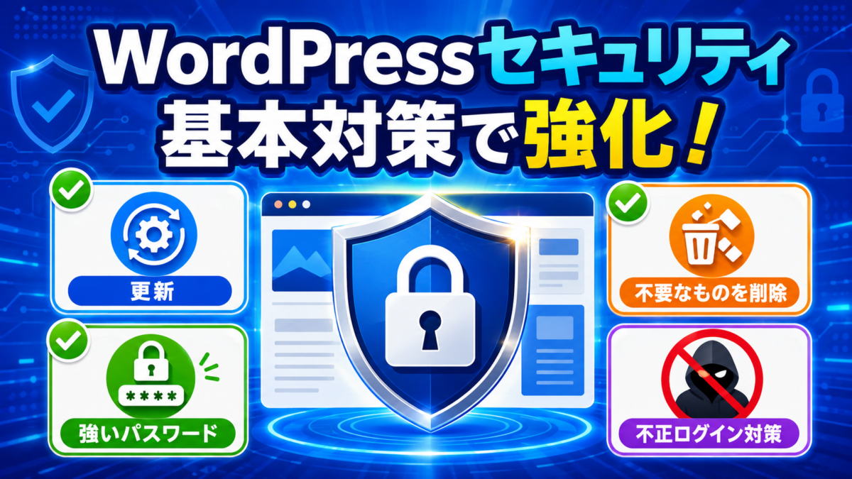 WordPressを更新・強いパスワード・不要なテーマやプラグインの削除・不正ログイン対策で安全にする画像