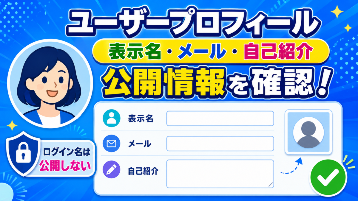WordPressのユーザープロフィールで表示名・メールアドレス・自己紹介・プロフィール画像を設定し、ログイン名を公開しないよう確認する画像