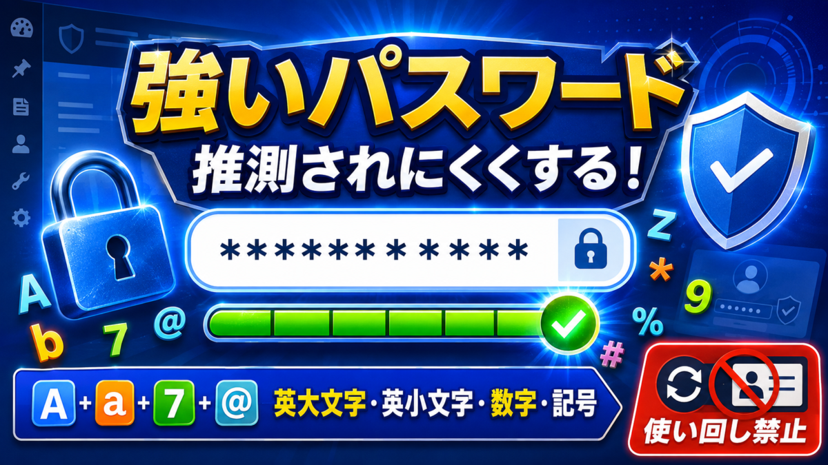 「推測されにくいパスワードを使う」の見出し画像やな！長く複雑なパスワード・使い回し禁止・安全な管理が一目で伝わる横長画像を作るで。imagegenスキルで同じシリーズにそろえるわ。