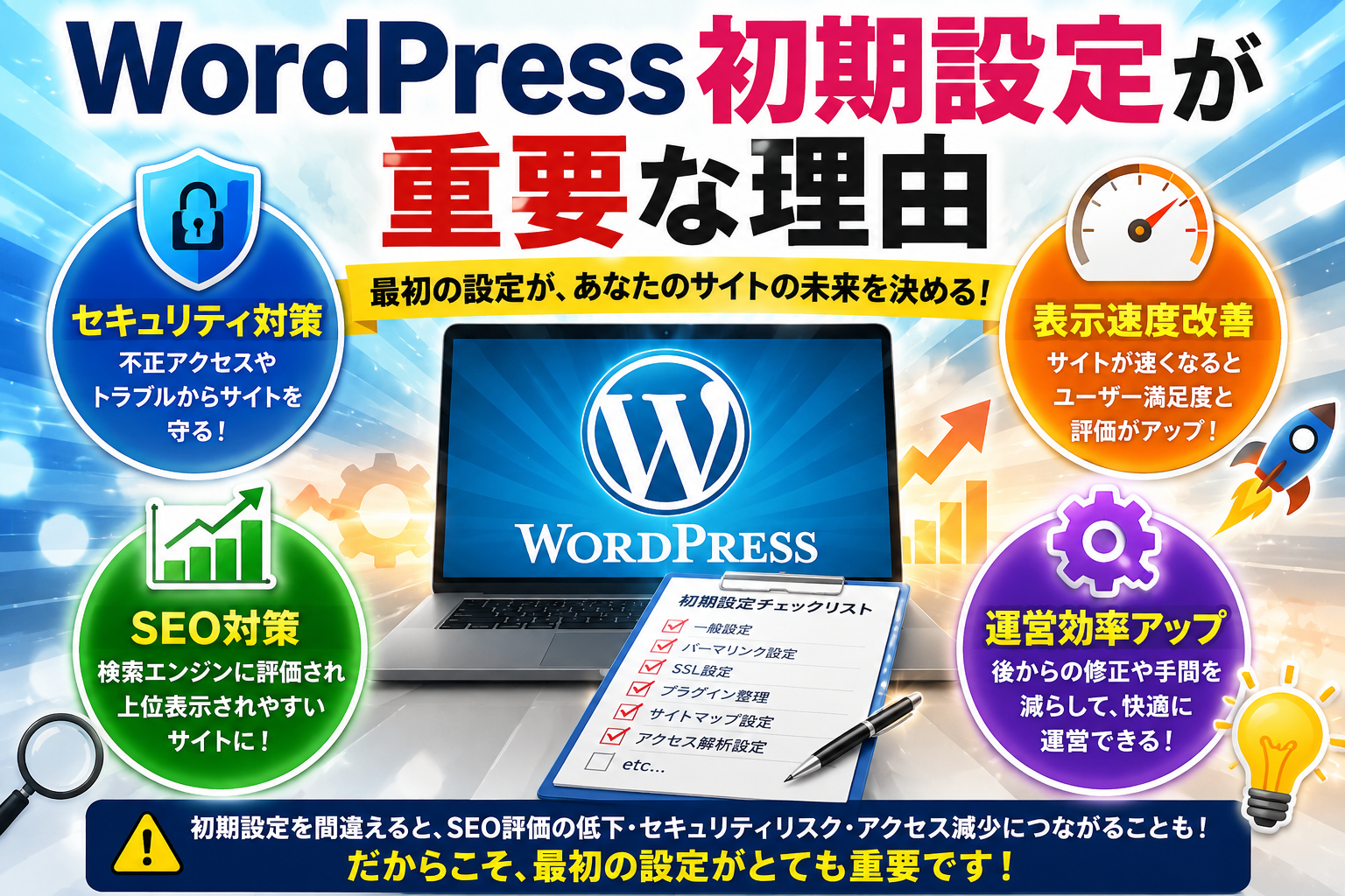 WordPress初期設定が重要な理由をSEO・セキュリティ・表示速度・運営効率の観点から解説する図解画像