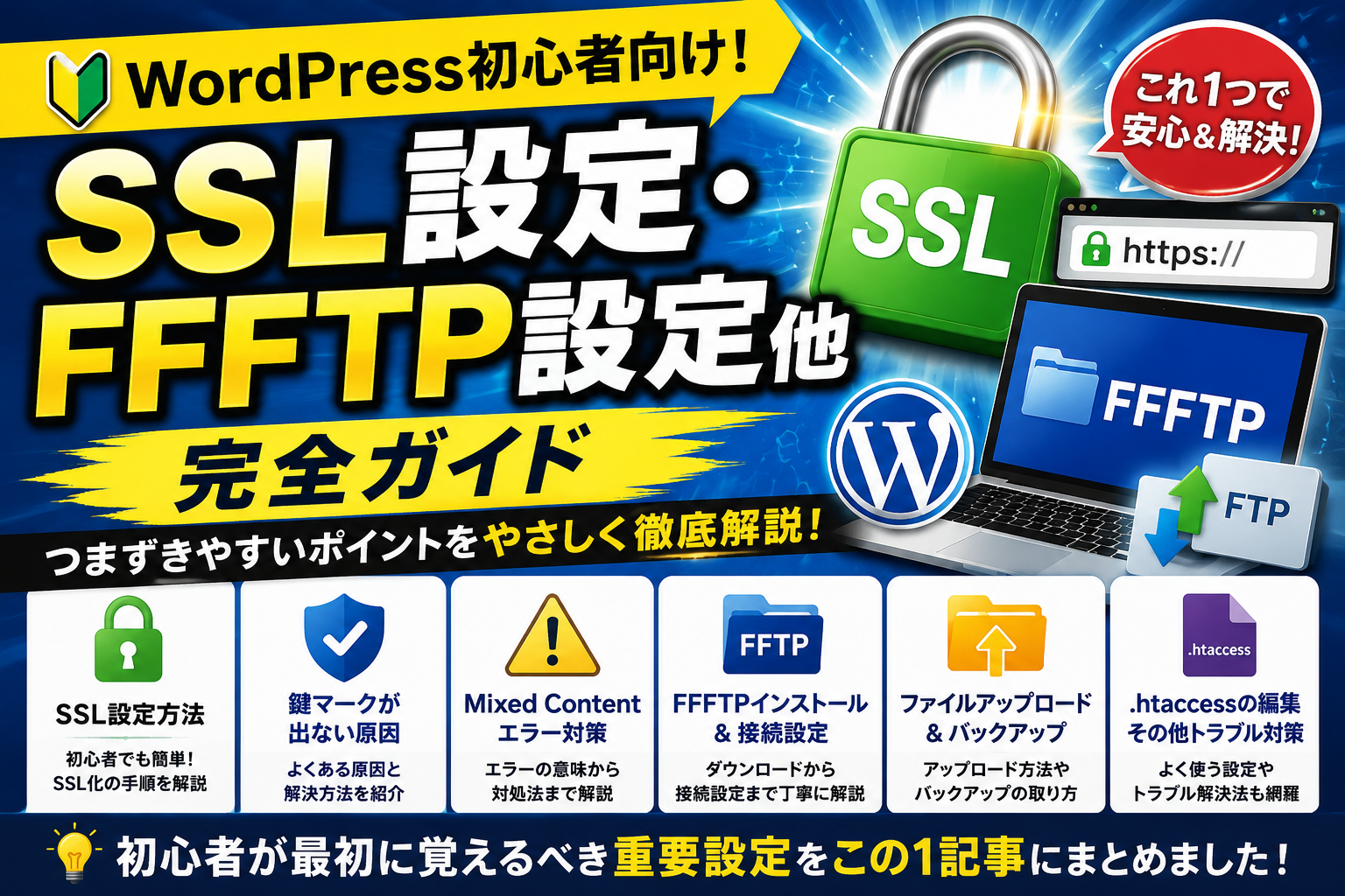 WordPress初心者向けSSL設定・FFFTP設定完全ガイド。SSL設定方法、鍵マークが表示されない原因、Mixed Contentエラー対策、FFFTP接続設定を図解した解説画像。