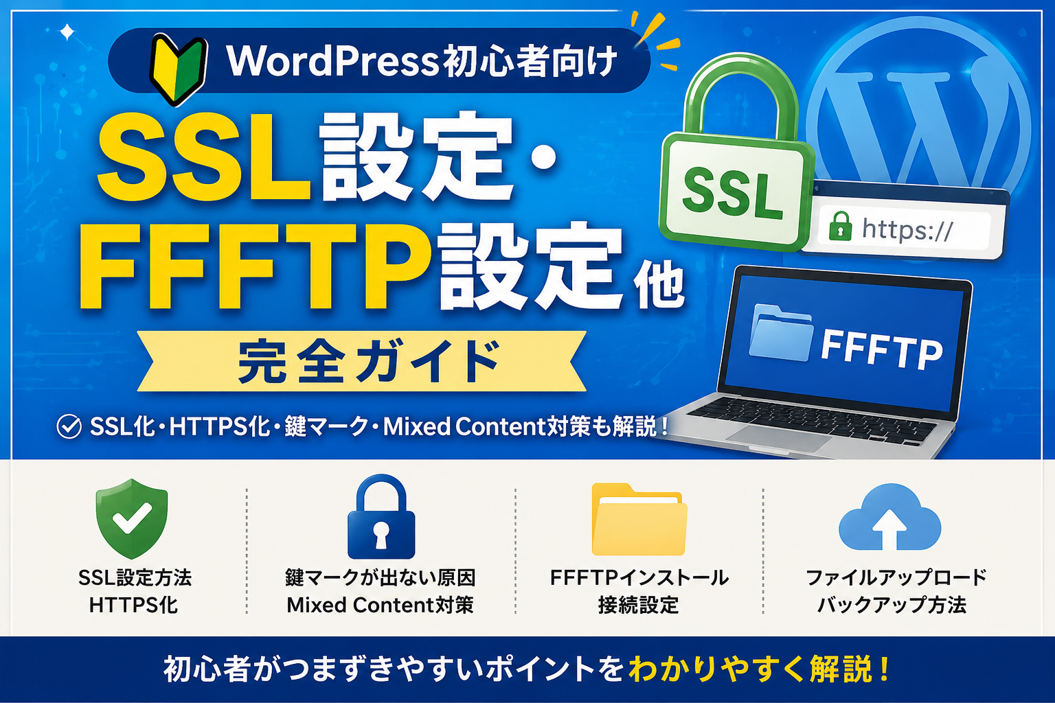 WordPress初心者向けSSL設定・FFFTP設定完全ガイド。SSL設定方法、鍵マークが表示されない原因、Mixed Contentエラー対策、FFFTP接続設定を図解した解説画像。