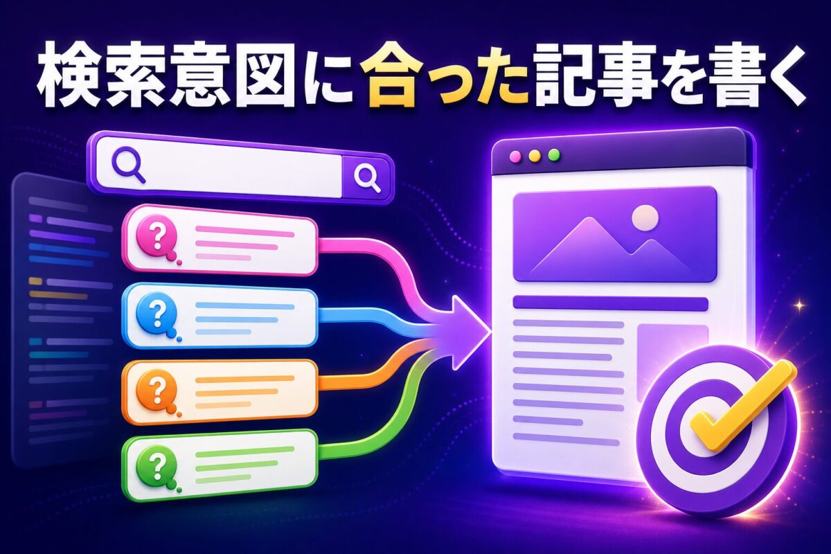 Udemyアフィリエイトで検索意図に合った記事を書く方法の図解。読者の疑問や検索目的を理解し、悩みを解決する記事へつなげる流れを紹介。
