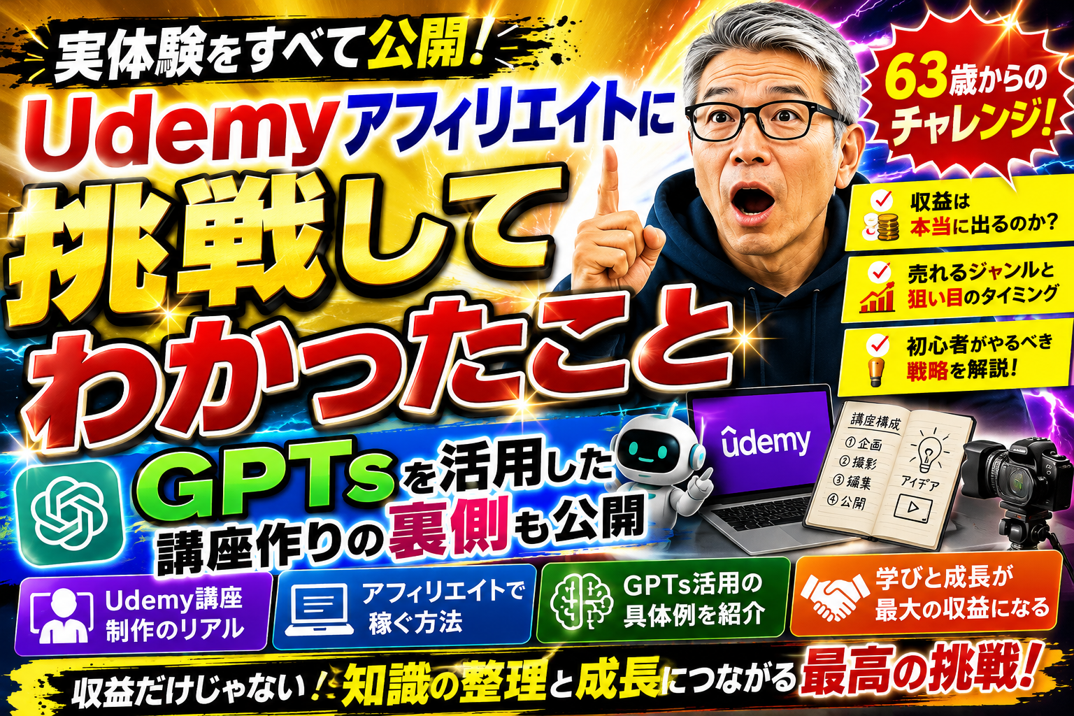Udemyアフィリエイトで成果を出すための5つのステップをまとめた解説画像。読者の悩みを理解し、価値ある記事作成、自然な講座紹介、継続的な改善、長期的な信頼構築の重要性を初心者向けにわかりやすく解説。