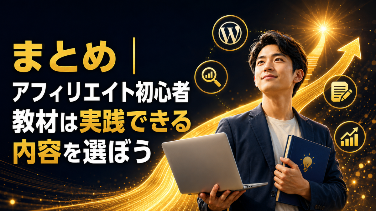 アフィリエイト初心者が実践できる教材を選び、WordPress・SEO・記事作成を学びながら成果を目指すイメージ画像