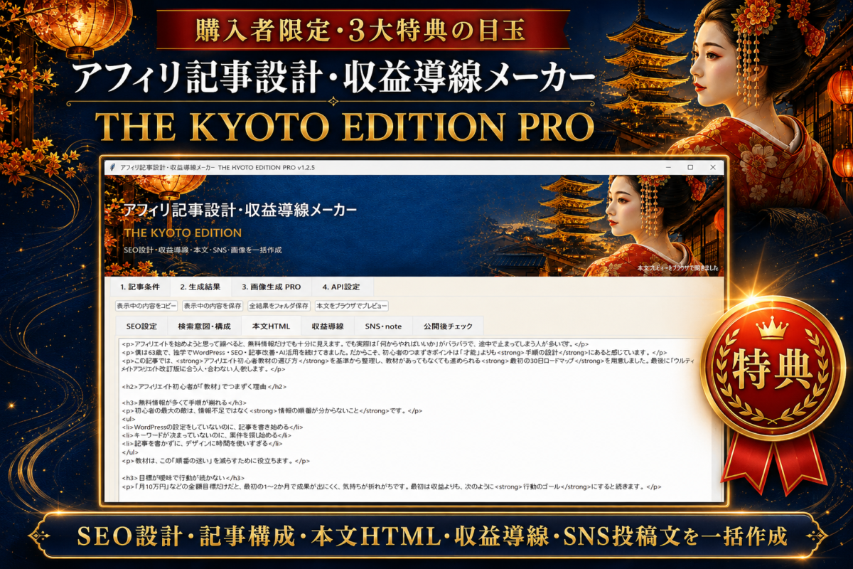 購入者限定特典のアフィリ記事設計・収益導線メーカー THE KYOTO EDITION PROでSEO設計・記事構成・本文HTML・収益導線・SNS投稿文を一括作成