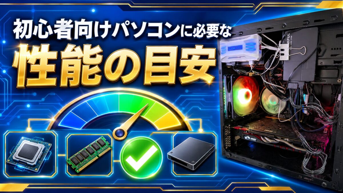 初心者向けパソコンに必要なCPU・メモリ・SSDなどの性能目安を示した画像