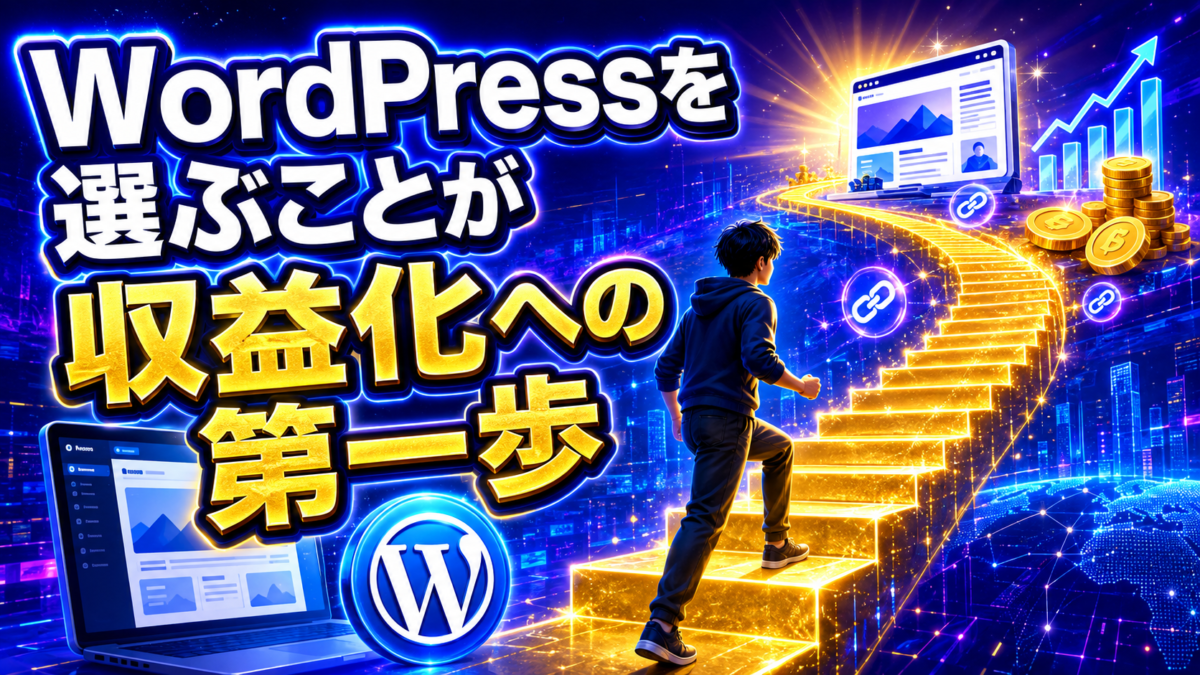WordPressから始まる金色の階段と、ブログ・リンク・右肩上がりのグラフを入れて、収益化への第一歩が伝わる画像
